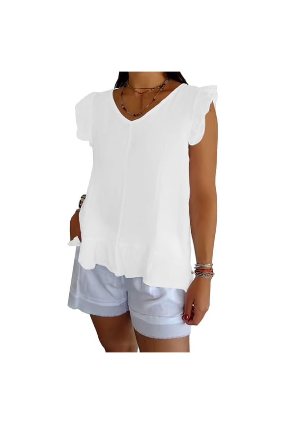 Women's Flutter Sleeve Summer Sleeveless Shirts Cute V-Neck Ruffle Elegant Lightweight Linen Tank Tops Blouses