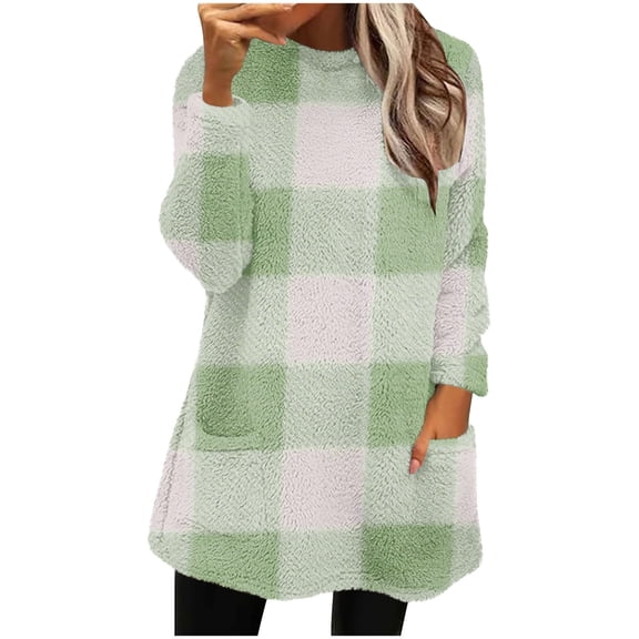 DAFPZW Women's Fuzzy Fleece Plaid Sweatshirt Plush Soft Casual Long Sleeve T-Shirts Pullover Crewneck Tunic Tops