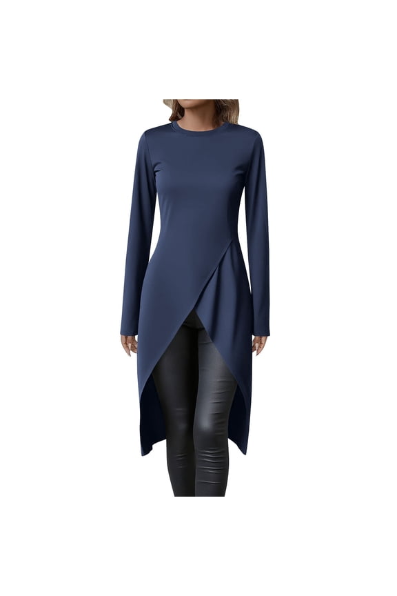 Women's High Low Tops Scoop Neck Blouse Asymmetrical Loose Shirt Long Sleeve Casual Fall Tops