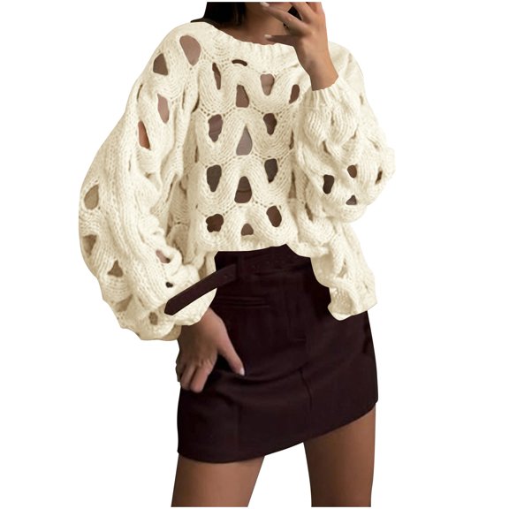 DAFPZW Women's Hollow Out Pullover Sweater Oversized Long Sleeve Crew Neck Jumper Tops Crochet Chunky Knitted Sweater