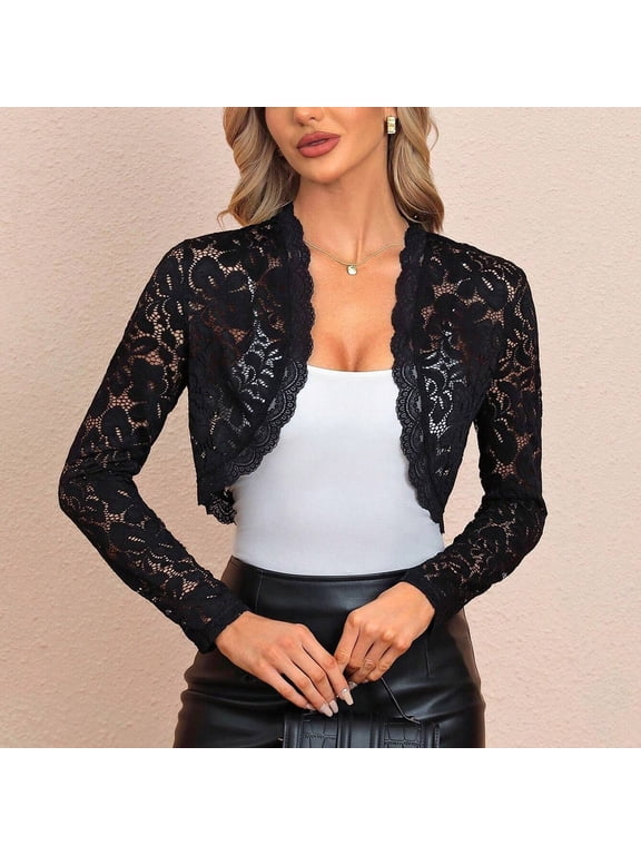 Women's Lace Shrugs Long Sleeve Sheer Crochet Bolero Shrug Cropped Cardigan