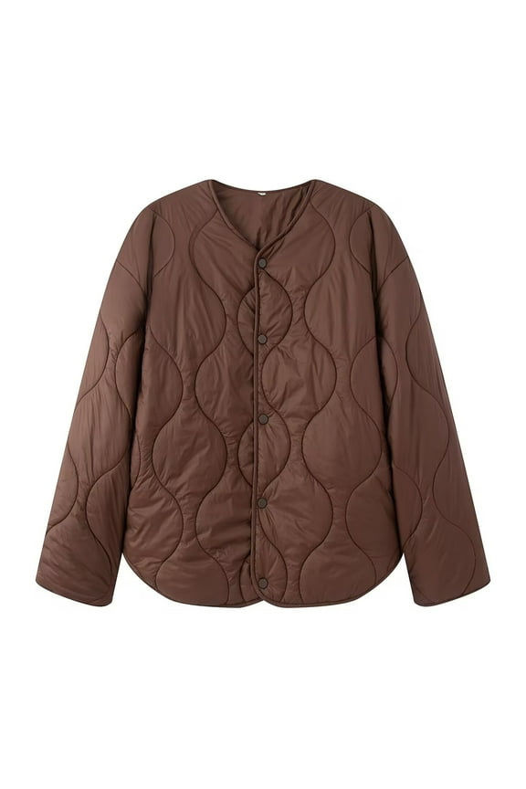 Women’s Lightweight Quilted Jacket Long Sleeves Crew Neck Button Down Puffer Outerwear with Pockets