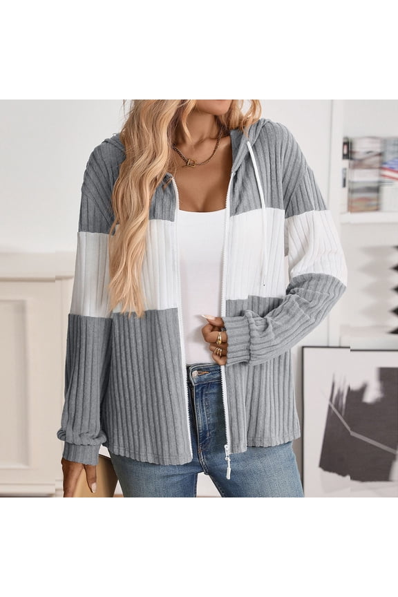 Women's Long Sleeve Blouse Zipper Down Fashion Striped Texture Shirts Color Block Hooded Comfy Tops All Occasion Wear