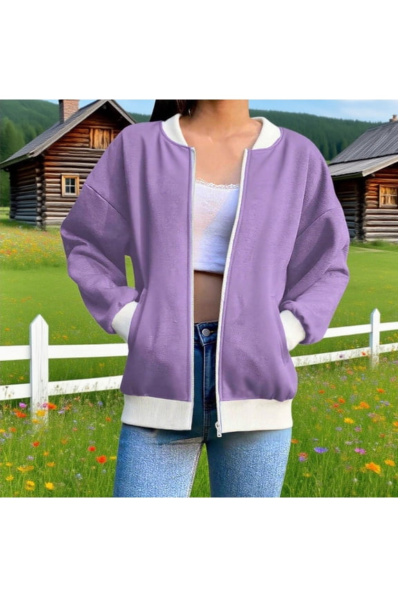 Women's Long Sleeve Bomber Jacket Trendy Preppy Zip Up Coat with Pockets Fall Winter Casual Outerwear