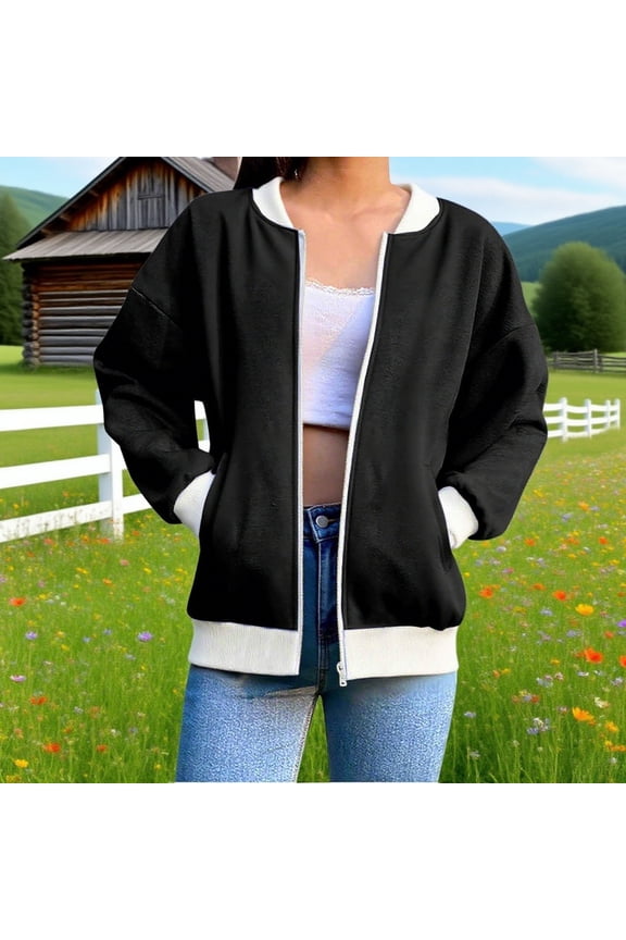 Women's Long Sleeve Bomber Jacket Trendy Preppy Zip Up Coat with Pockets Fall Winter Casual Outerwear