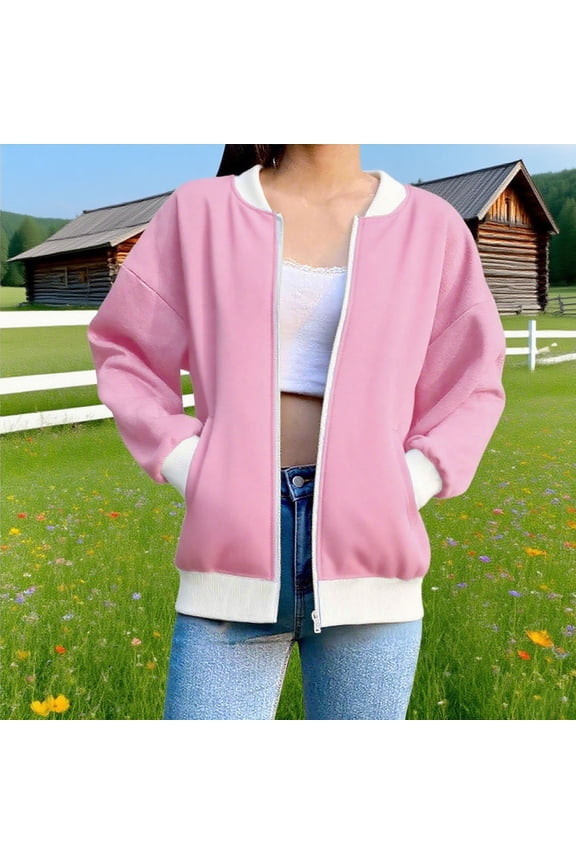 Women's Long Sleeve Bomber Jacket Trendy Preppy Zip Up Coat with Pockets Fall Winter Casual Outerwear