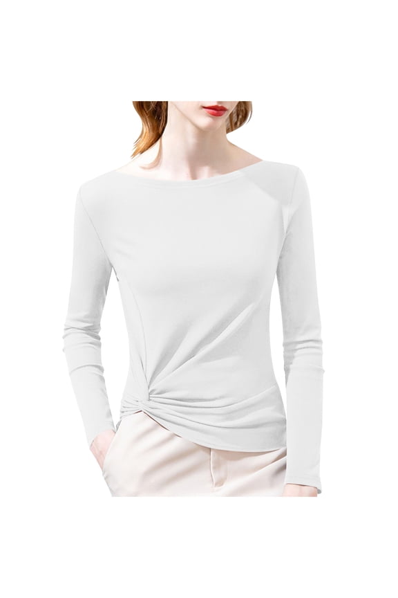 Women's Long Sleeve Tops Round Neck Side Twist Hem Tops Ruched Long Sleeve T-Shirt