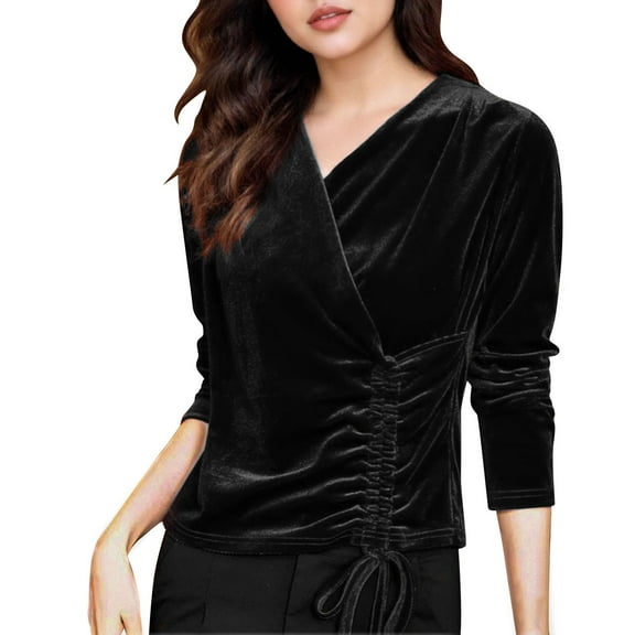 DAFPZW Women's Long Sleeve V-Neck Velvet Shirts Slim Fit Wrap Ruched Ladies Dressy Work Blouses Casual Tunic Tops T-Shirts