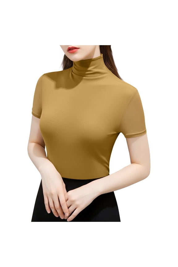 Women's Mock Turtle Neck Slim Fit Short Sleeve T-Shirts Tight Tops Basic Tees