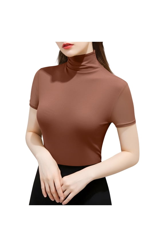Women's Mock Turtle Neck Slim Fit Short Sleeve T-Shirts Tight Tops Basic Tees