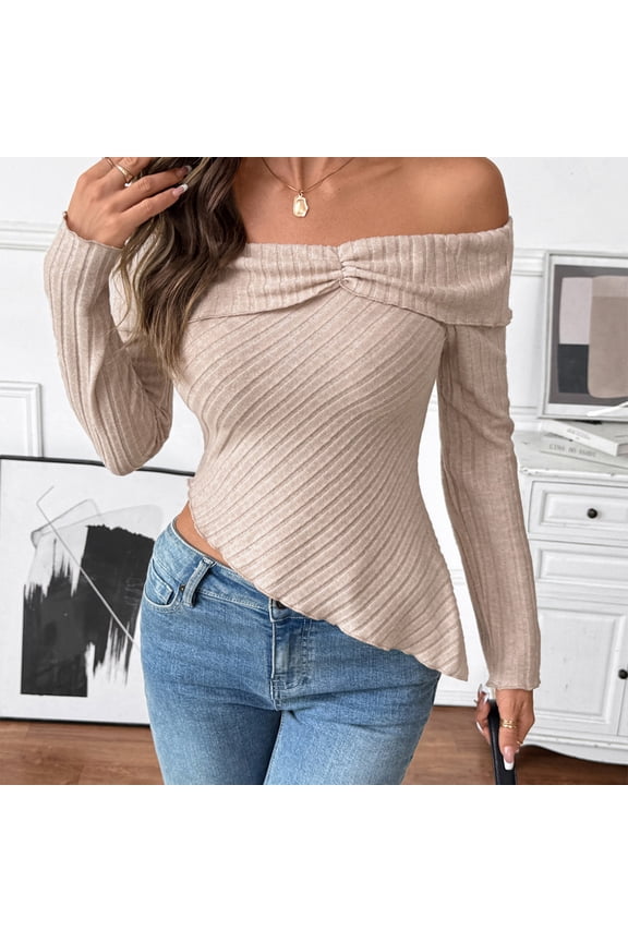 Women's Off Shoulder Lettuce Trim Long Sleeve Asymmetrical Hem Ribbed Tee T-Shirt Tops