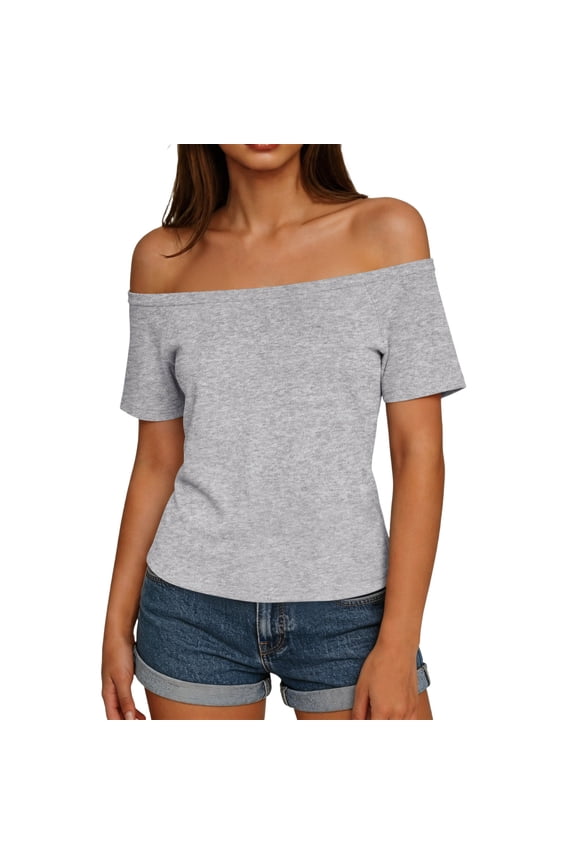 Women's Off Shoulder Tops Casual Short Sleeve Solid Basic Slim Fit Tees Summer Going Out Blouse Shirts Trendy Daily Tops