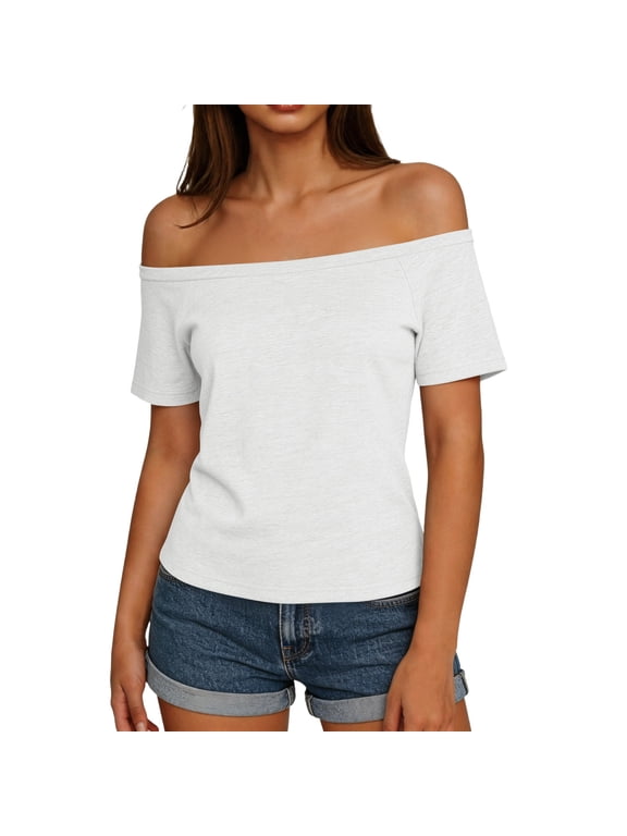 Women's Off Shoulder Tops Casual Short Sleeve Solid Basic Slim Fit Tees Summer Going Out Blouse Shirts Trendy Daily Tops