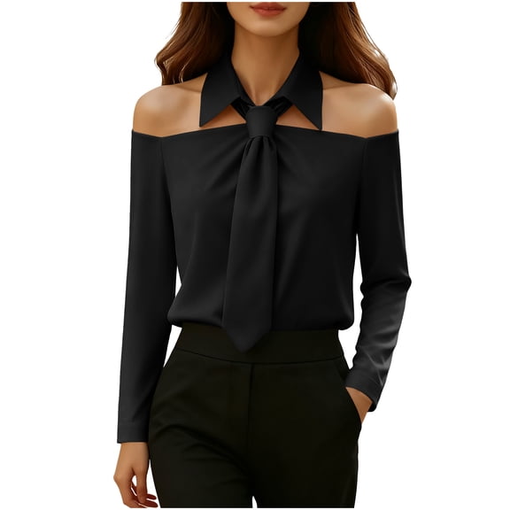 DAFPZW Women's Off the Shoulder Shirt with Tie Long Sleeve Button Down Blouse Elegant Office Solid Color Casual Basic Tops