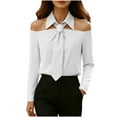 thumbnail image 1 of DAFPZW Women's Off the Shoulder Shirt with Tie Long Sleeve Button Down Blouse Elegant Office Solid Color Casual Basic Tops, 1 of 9
