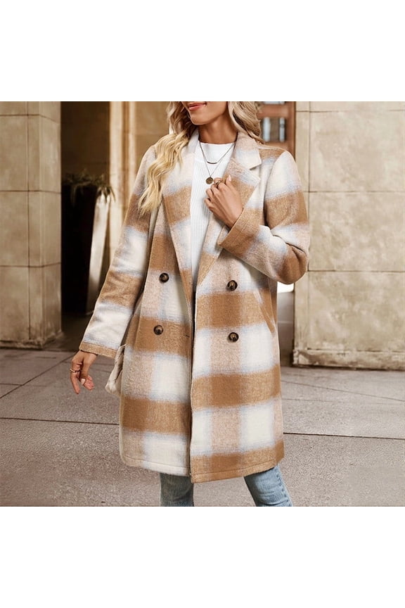 Women's Oversized Plaid Wool Coat Casual Lapel Collar Double Breasted Winter Long Pea Coat with Pockets
