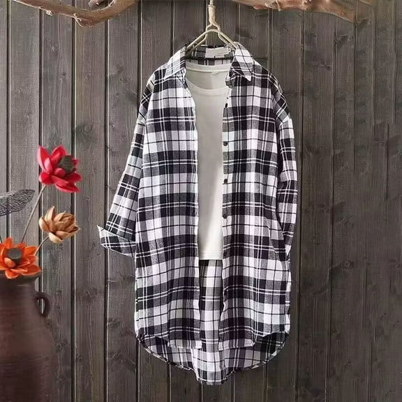 DAFPZW Women's Plaid Flannel Shirt Business Casual Long Sleeve Button Down Tops Fall Western Oversized Cowgirl Blouses