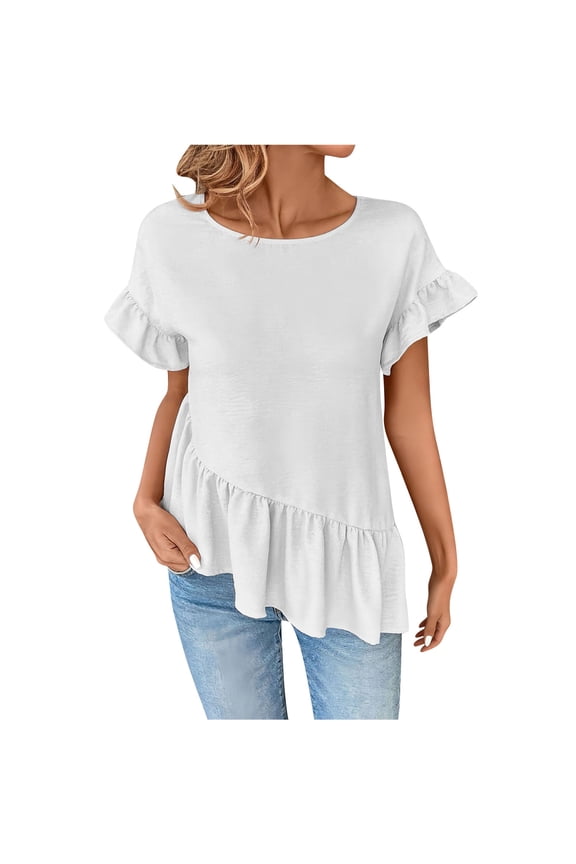 Womens Ruffle Short Sleeve Shirts Flowy Asymmetric Ruffled Hem Loose Spring Tunic Tops Crewneck Dressy Casual Blouses