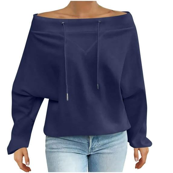 DAFPZW Women's Plus Size Tops Solid Color Off Shoulder Tops With Drawstring Fashion Loose Casual Long Sleeve Sweatshirts
