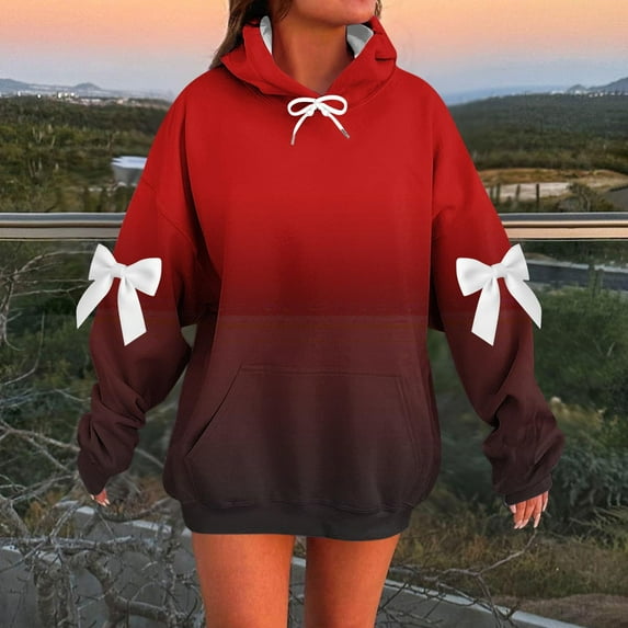 DAFPZW Women's Pullover Hoodies Gradient Color Long Sleeve Cute Bows Trendy Fall Fashion Tops Hooded Sweatshirts