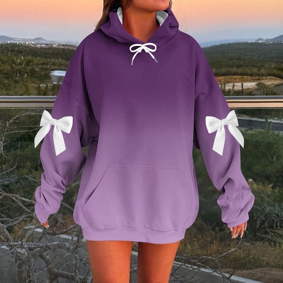 DAFPZW Women's Pullover Hoodies Gradient Color Long Sleeve Cute Bows Trendy Fall Fashion Tops Hooded Sweatshirts