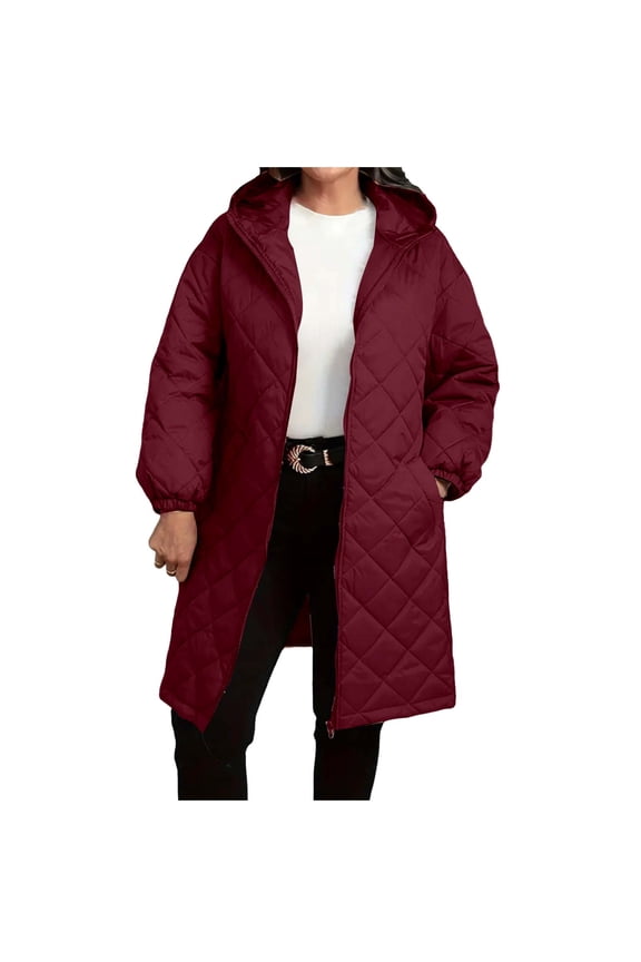 Women's Quilted Jacket Zipper Up Hooded Outwear Long Lightweight Padding Down Coat with Pockets