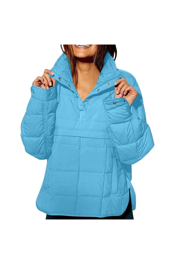 Women's Quilted Jackets Winter Thicken Warm Button Up Puffer Jacket High Low Hem Pullover Coats with Pockets