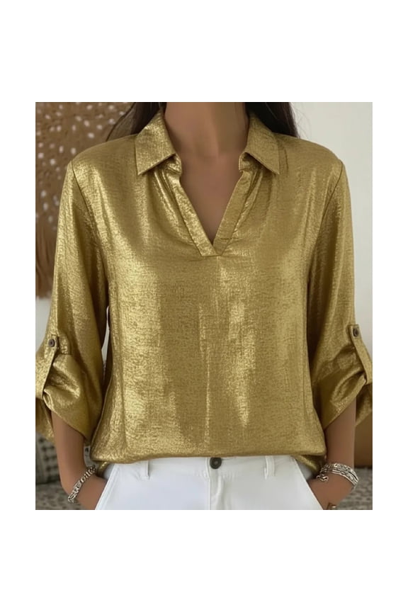 Women's Ruched Long Sleeve Shirts Lapel V Neck Metallic Party Blouse Sparkly Glitter Elegant Vintage Tops