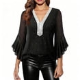 thumbnail image 1 of DAFPZW Women's Ruffle 3/4 Sleeve Sparkly Tops Sequin V-Neck Blouses Dressy Casual Fall Shirts, 1 of 7