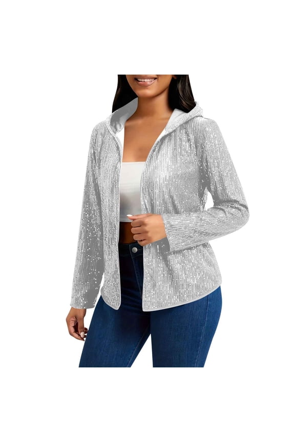 Women's Sequin Jackets Hooded Open Front Casual Long Sleeve Sparkly Party Cardigan Solid Color Fall Fashion Coats