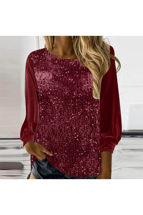 Women's Sequin Tops Long Sleeve Glitter Sparkly Party Blouse Velvet V-Neck Dressy Tops for Evening Party