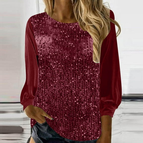 DAFPZW Women's Sequin Tops Long Sleeve Glitter Sparkly Party Blouse Velvet V-Neck Dressy Tops for Evening Party