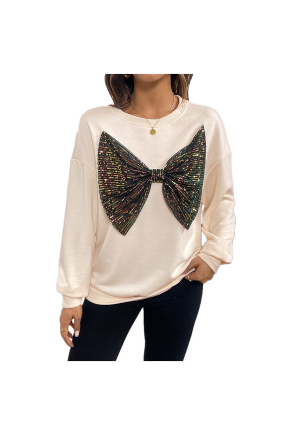 Women's Sequins Bow Sweatshirt Crewneck Sparkling Pullovers Fall Long Sleeve Casual Comfy Shirts