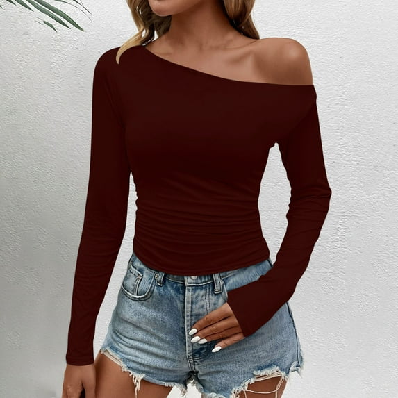 DAFPZW Women's Sexy One Off The Shoulder Tops Asymmetrical Neck Clothes Long Sleeve Shirt Slim Going Out Tops