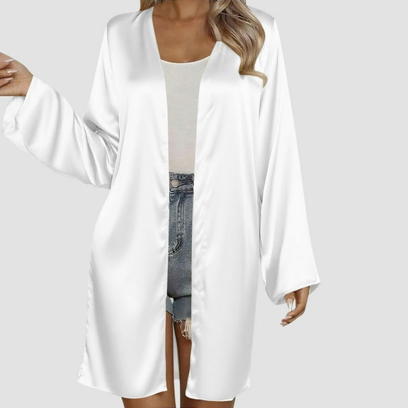 DAFPZW Women's Silk Satin Nightgown Soft Comfy Open Front Mid-Length Cardigan Long Sleeves Boyfriend Sleepwear Pajamas Kimono Outerwear
