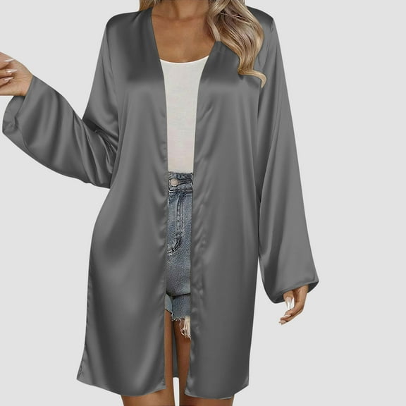 DAFPZW Women's Silk Satin Nightgown Soft Comfy Open Front Mid-Length Cardigan Long Sleeves Boyfriend Sleepwear Pajamas Kimono Outerwear