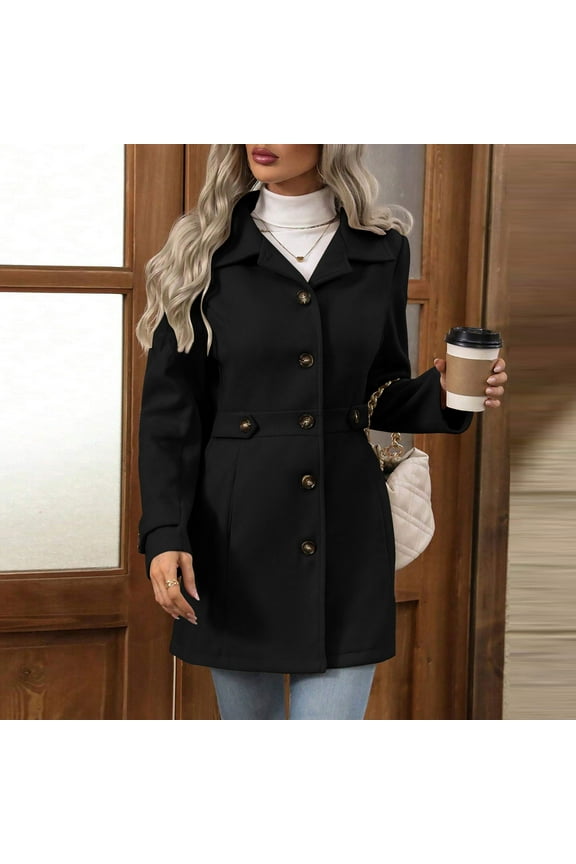 Women's Single Breasted Pea Coat Winter Notched Lapel Wool Blend Trench Coat Classic Outwear Overcoat