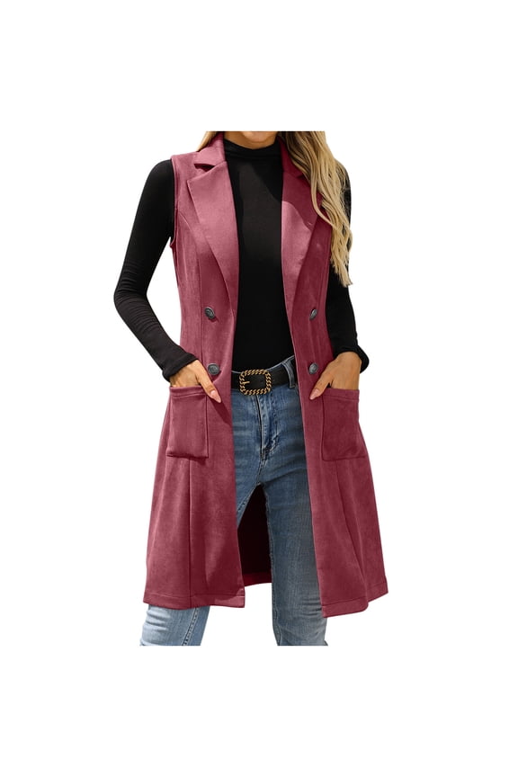 Women's Sleeveless Suede Long Vest Casual Lapel Open Front Duster Vest Casual Fashion Work Vests with Pockets