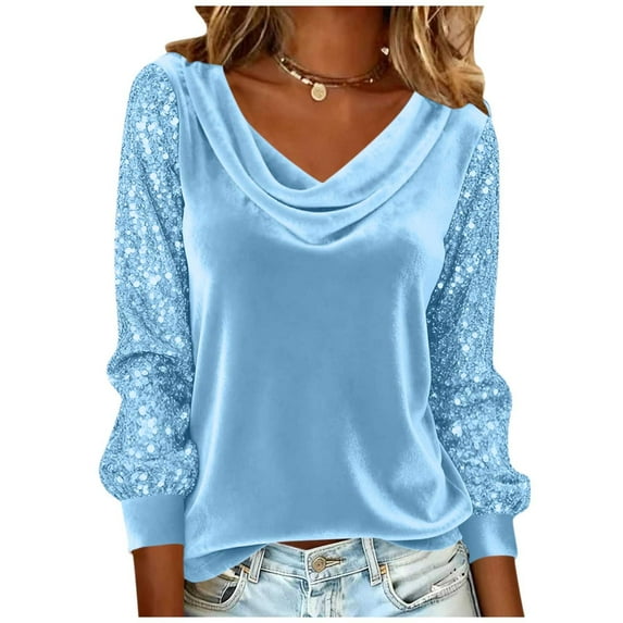 DAFPZW Women's Sparkly Velvet Tops Elegant Cowl Neck Long Sleeve Shirts Fall Winter Dressy Casual Blouses T-shirts