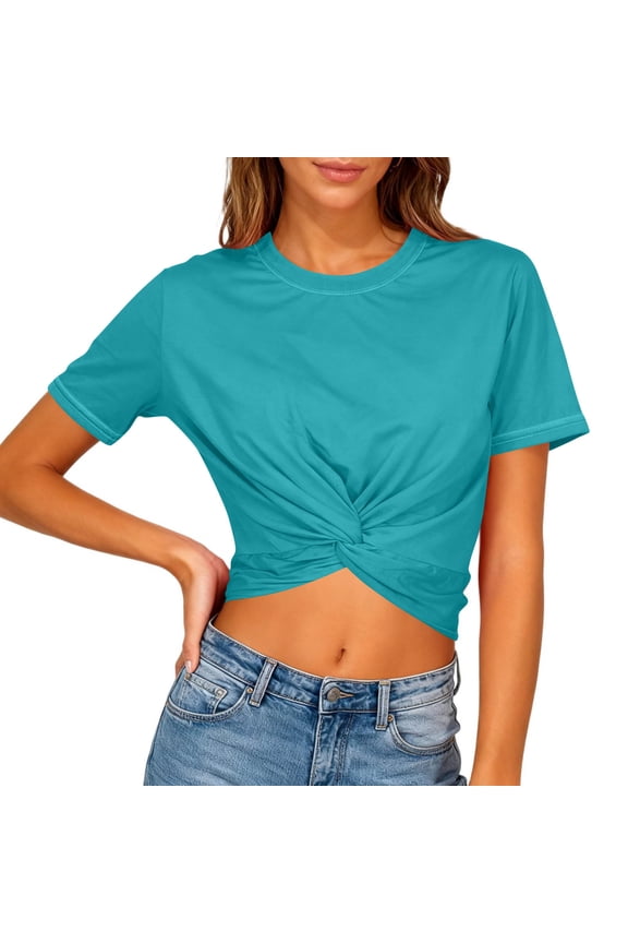 Women's Summer Causal Short Sleeve Blouse Round Neck Crop Tops Twist Front Tee T-Shirts