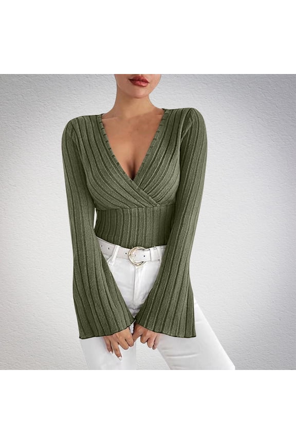 Women's T Shirt Bell Long Sleeve V Neck Wrap Tee Slim Fit Casual Knit Tops