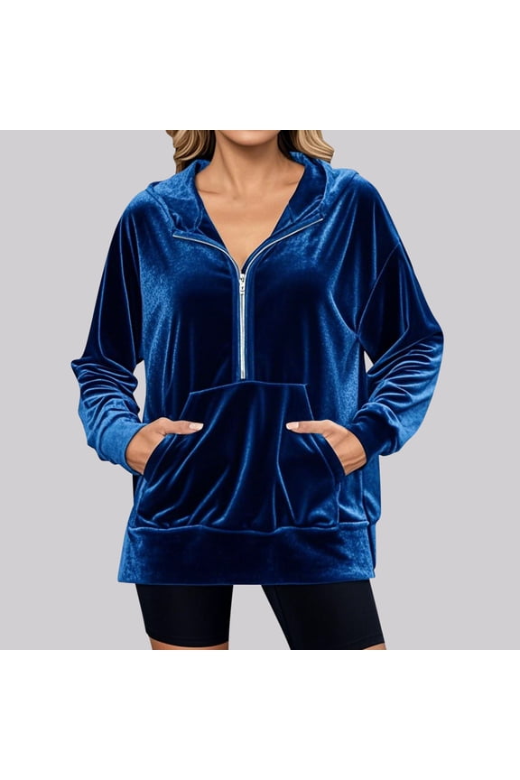 Women's Velvet Jacket Long Sleeve Hooded Half Zip Outerwear Jacket with Kangaroo Pockets Vintage Casual Dressy Coats