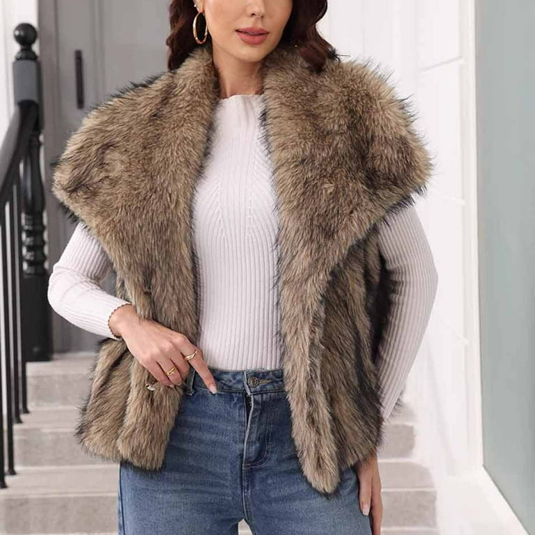 DAFPZW Women's Winter Coat Lapel Open Front Sleeveless Furry Faux