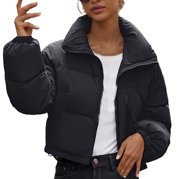 DAFPZW Women’s Winter Cropped Puffer Jackets Casual Quilted Baggy Long Sleeve Zip Down Coats Outerwear