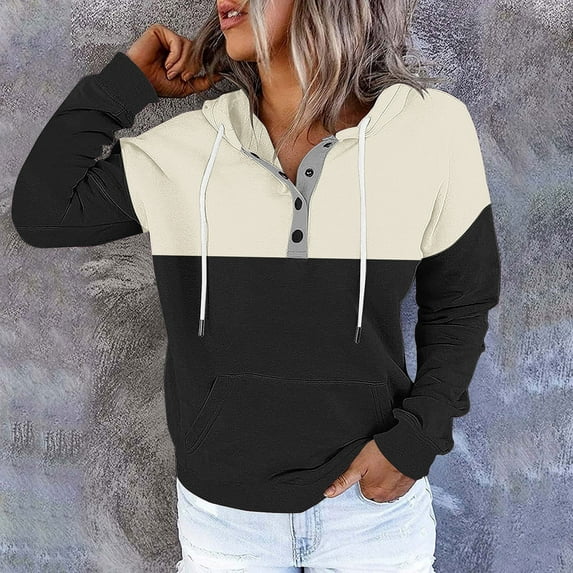 DAFPZW Womens 2025 Hoodies Button Collar Drawstring Hooded Pullover Sweatshirt Casual Long Sleeve Tops Shirts
