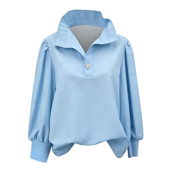 DAFPZW Womens 3/4 Length Puff Sleeve Tops Dressy Casual Ruffle V-Neck Blouses Solid Color Loose Fit Shirts for Daily Wear