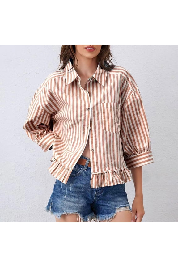 Womens 3/4 Length Sleeve Shirt Striped Button Down Loose Fit Blouses Drop Shoulder Trendy Ruffle Hem Striped Tops