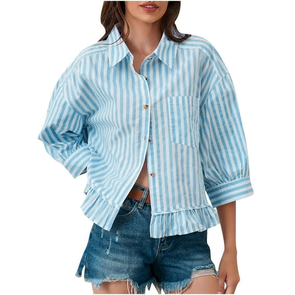 DAFPZW Womens 3/4 Length Sleeve Shirt Striped Button Down Loose Fit Blouses Drop Shoulder Trendy Ruffle Hem Striped Tops