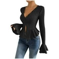 thumbnail image 1 of DAFPZW Womens Bell Sleeve Peplum Sweaters Fashion Fall V-Neck Button Down Elegant Ruffle Hem Sexy Slim Knit Tops Clothes, 1 of 6