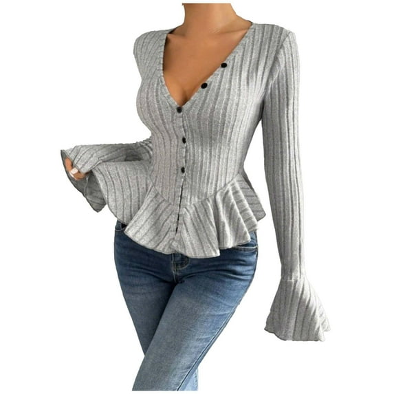 DAFPZW Womens Bell Sleeve Peplum Sweaters Fashion Fall V-Neck Button Down Elegant Ruffle Hem Sexy Slim Knit Tops Clothes